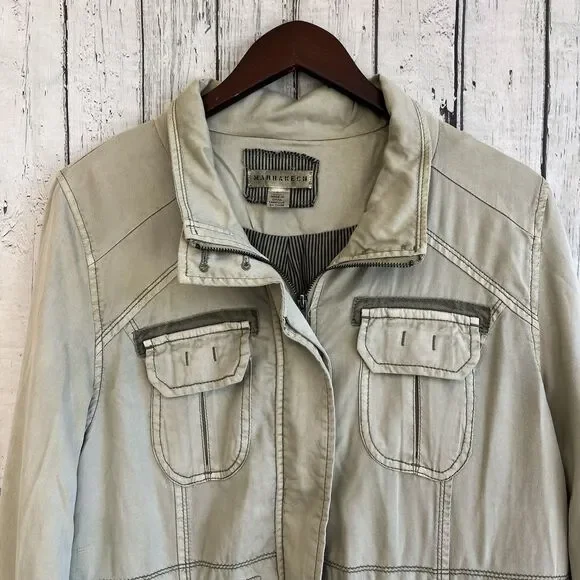 Marrakech Anthropologie Womens Utility Cargo Jacket Size L Green Grunge Lyocell - Picture 2 of 14